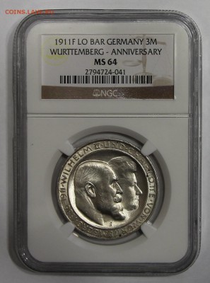 3 марки Вюртемберг 1911Вильгельм и Шарлотта NGCMS64 до 15.11 - IMG_4868.JPG