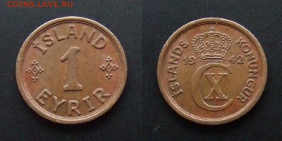 МОНЕТЫ МИРА №5 - Исландия (Дания) – 1 эйре (1942) (XF+)