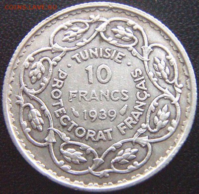 Французский Тунис_10 франков 1939. Серебро; до 01.12_22.58мс - 9459