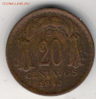 Чили 20 сентаво 1943 до 14.12.15 в 22.00мск (Б363) - 4-сво20-43а