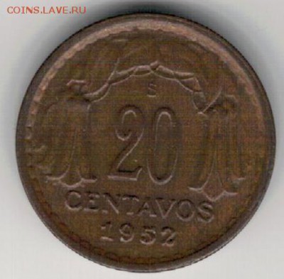 Чили 20 сентаво 1952 до 14.12.15 в 22.00мск (Б363) - 4-сво20-52а