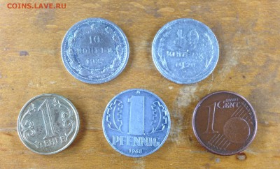 2 билона 1922 и 1928, 1 тенге 2004, 1 пфенниг 1968, 1е 2002 - image