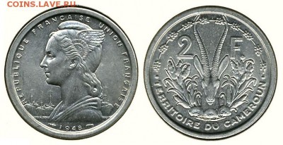 2 ф. Французское СомалиUNC и Камерун AU(пополняемая) - Камерун 2 франка 1948 (скан при продаже)