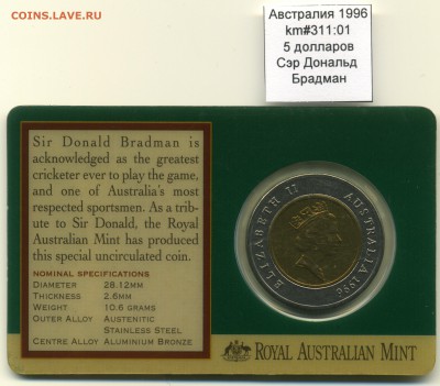 ~БИМ~СПОРТ~Австралия~ 1996 5$ Крикет km#311:01 до 19.01 - Australia_km311_01_1996_5$_Coincard_Obverse