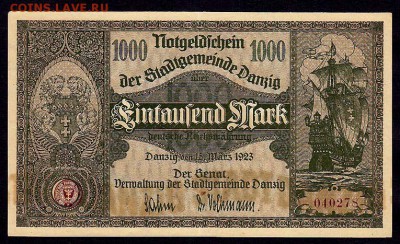 Кораблики на банкнотах - Danzig 1000 marks 1923 Issue f