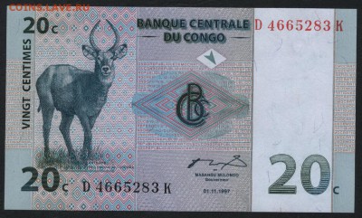 Конго 20 центов 1997 г. UNC. до 22-00 мск 16.01.16 г. - Конго 20ц 1997 аверс