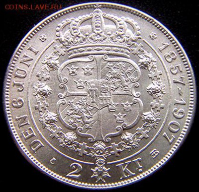 Швеция_памятные 2 кроны 1907. Отличное серебро; 15.01_22.44м - 10897