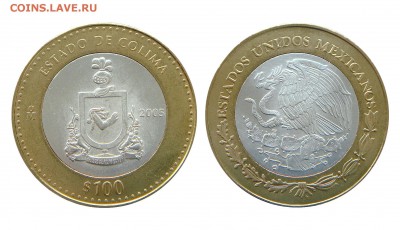 Мексика, 100 песо, 2003-2007, биметалл, Гербы, Штаты и др. - Мексика_100 песо_2005_Герб Колима_Аукцион