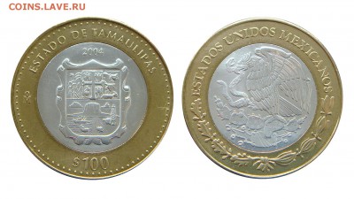 Мексика, 100 песо, 2003-2007, биметалл, Гербы, Штаты и др. - Мексика_100 песо_2004_Герб Тамаулипас_Аукцион