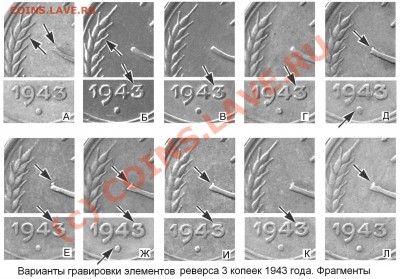3 коп 43 год - 1943 - варианты-фрагменты