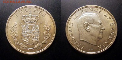 1 - Дания – 5 крон (1961) «Фредерик IX» (d-33мм) медь-ник. (XF)