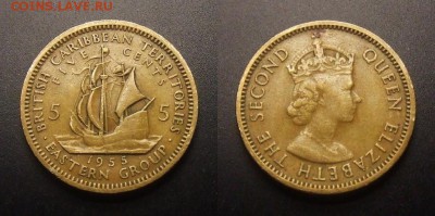 1 - Восточные Карибы – 5 центов (1955) «Парусник; Елизавета II»