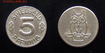 1 - ЖЕТОН (игровой) Германия 5 пфеннигов (50-60-е года) «Сова» d-14мм