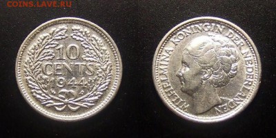 1 - Нидерланды – 10 центов (1944 Р) Ag