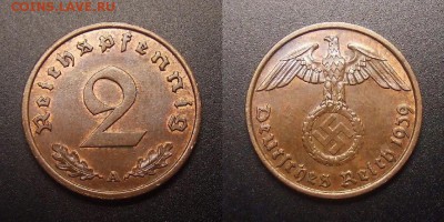 1 - Германия (3-й Рейх) – 2 рейхспфеннига (1939 А) бронза (XF+) №1