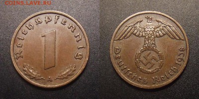 1 - Германия (3-й Рейх) – 1 рейхспфенниг (1938 А) бронза (XF+)