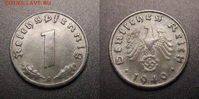 1 - Германия (3-й Рейх) – 1 рейхспфенниг (1940 D) цинк (XF)