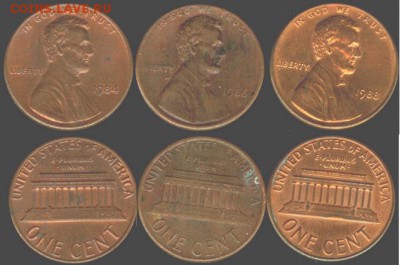 США-1 цент-P-3 шт. погодовка до 21.00 мск 01.02.2016 - США -1 цент-3 шт. P-84, 86, 88