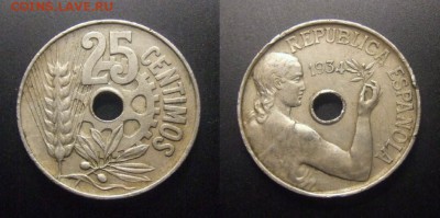 1 - Испания – 25 сентимо (1934) «Девушка с оливковой ветвью»
