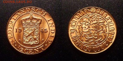 1 - Нидерландская Индия – 0,5 цента (1945) бронза (UNC) штемп. блеск №3