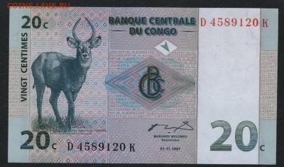 Конго 20 центов 1997 г.Олени. UNC. до 22-00 мск 04.02.16 г. - Конго 20ц 1997 аверс