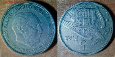5 песет 1957 Испания. Перевертыш 180гр. На оценку. - 20160202_182054
