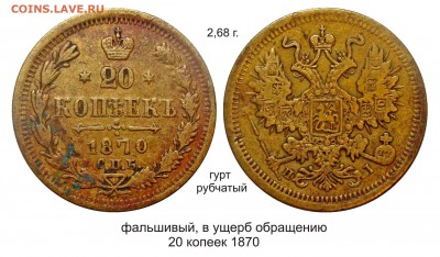 Фальшивые монеты России до 1917г сделанные в ущерб обращению - 20 копеек 1870