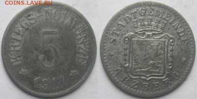 Нотгельды Германии. Обзорная тема. - 5 пф. 1917г. Арцберг цинк, покрытый никелем