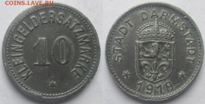 Нотгельды Германии. Обзорная тема. - 10 пф. 1919г. Дармштадт цинк