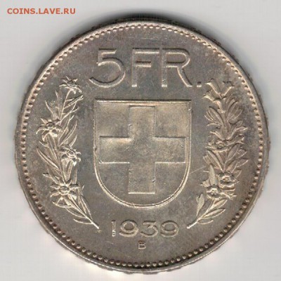 Ag ШВЕЙЦАРИЯ 5 ФРАНКОВ 1939 ДО 11.02 В 22.00МСК (Б655) - 5-ш39а