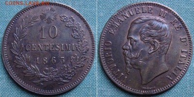 Красивая,10 чентезимо 1863г, Италия.до 17.02.16 в 22.00 мск - 10cen 1863
