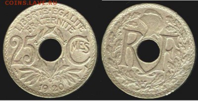 Франция 25 сантимов - 1920 год, до 21.00 мск 25.02.2016 - Франция-25 сентим 1920