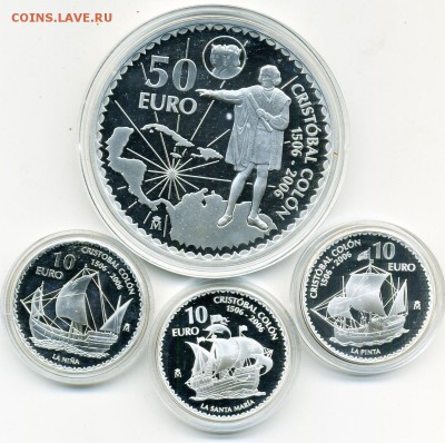 Испания 3х10 и 50 евро 2006 г. Колумб 250 грамм серебра - 13