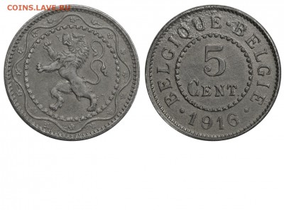 Животные на монетах - Бельгия - 5 центов 1916