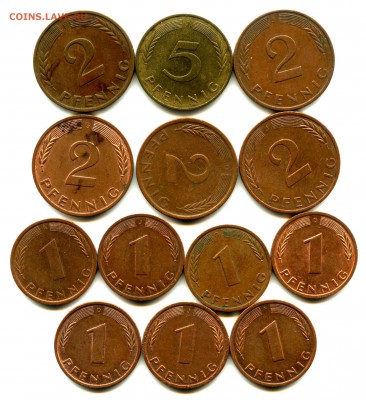 Германия 5 пфеннигов, 2 пфеннига, 1 пфенниг, лот 13 монет - img241