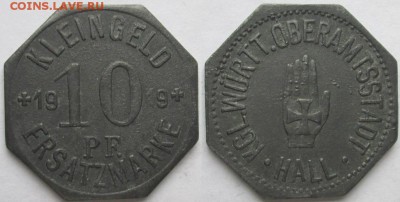 Нотгельды Германии. Обзорная тема. - 10 пф. 1919г. Халль, цинк