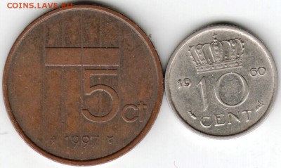 Нидерланды. 5 цент. 1997 г и 10 центов  до 24.00 10.03.16 г. - Scan-160304-0016