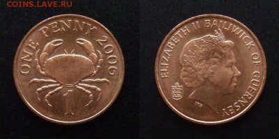 2 - Гернси – 1 пенни (2006) «Краб; Елизавета II (тип №3)» сталь, покр. медью