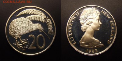 2 - Новая Зеландия – 20 центов (1982) «Птица киви» (d-28,5мм) (proof) (тир.-18.000)