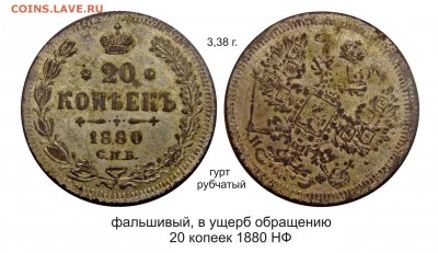 Фальшивые монеты России до 1917г сделанные в ущерб обращению - 20 копеек НФ Фальшивый в ущерб обращению