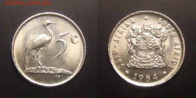 2 - ЮАР – 5 центов (1984) «Синий журавль; старый герб» никель