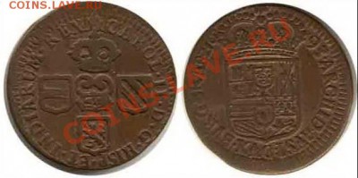 Медяк 1693(подозреваю что Испания,но сомневаюсь) - Brabant Charles II liard 1693