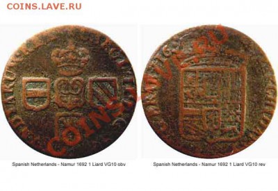 Медяк 1693(подозреваю что Испания,но сомневаюсь) - Spanish Netherlands - Namur 1692 1 Liard VG10