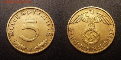 2 - Германия (3-й Рейх) – 5 рейхспфеннигов (1937 F) алюм.-бронза (XF)