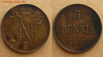 5 пенни 1908 г(неплохие !),до 23.03.16 в 22:10 МСК - 5 пенни 1908