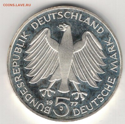 Ag ФРГ 5 МАРОК 1977J КАРЛ ФРИДРИХ ГАУСС 24.03-22.00 (В34) - 5-гер5м77г1