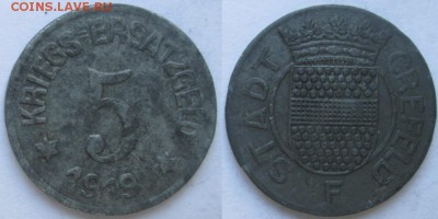 Нотгельды Германии. Обзорная тема. - 5 пфеннигоф 1919г. Крефельд F