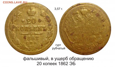 Фальшивые монеты России до 1917г сделанные в ущерб обращению - 20 копеек 1862 ЭБ