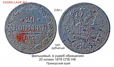 Фальшивые монеты России до 1917г сделанные в ущерб обращению - 20 копеек 1878 Приморье