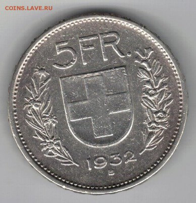 Ag ШВЕЙЦАРИЯ 5 ФРАНКОВ 1932 ДО 28.04.16 В 22.00МСК (В171) - 5-ш1